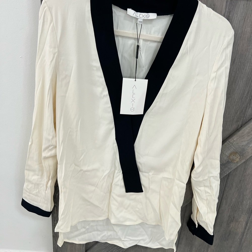Alexis Cream and Black V-Neck Blouse